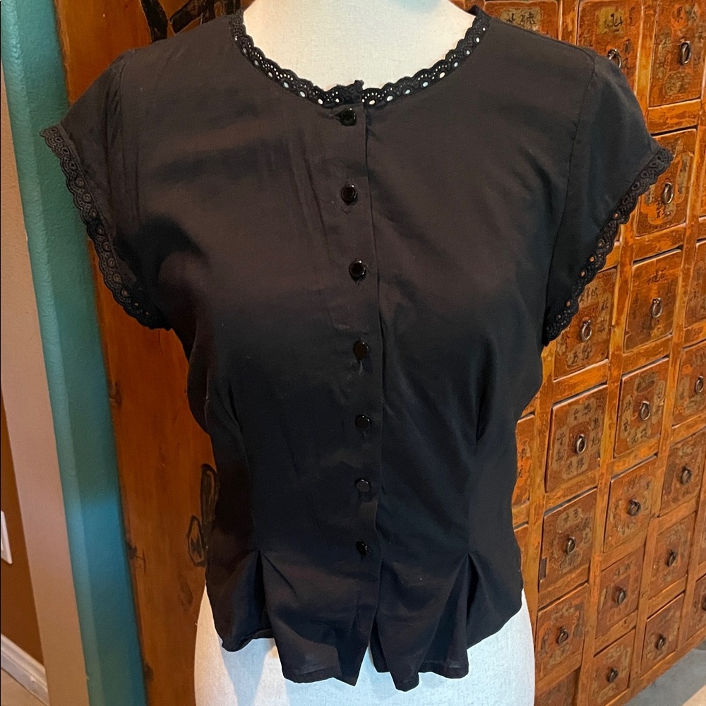 Reformation Black Cotton Linen Button-Up Blouse with Lace Trim